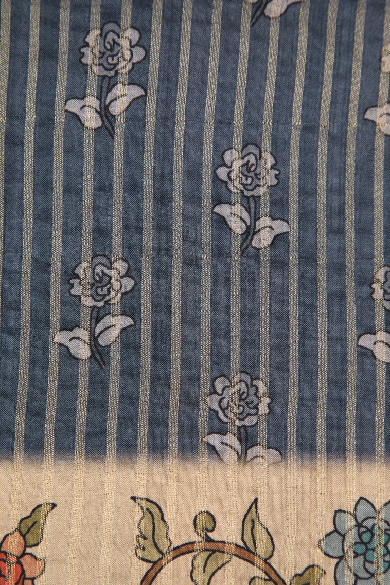 Aegean Blue Semi Raw Silk Printed Gold Zari with Zari Puttas view 3