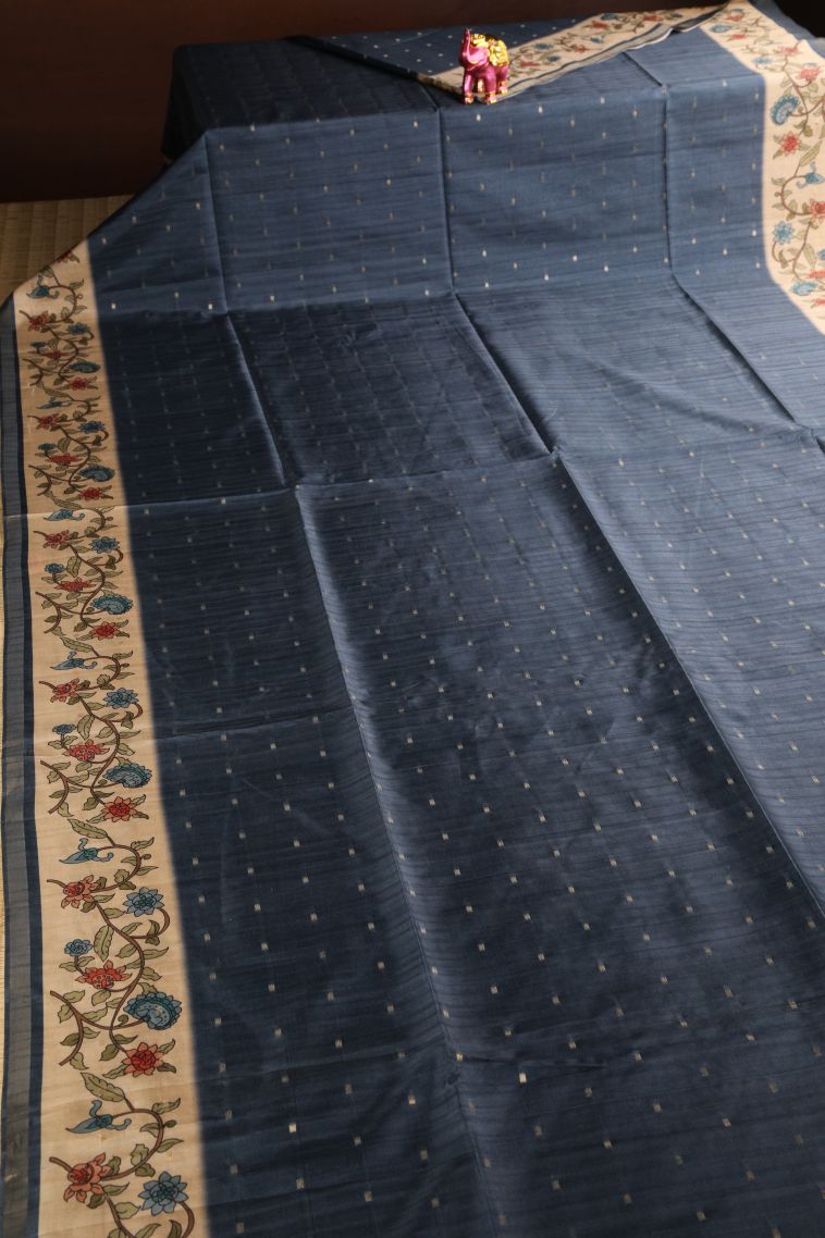 Aegean Blue Semi Raw Silk Printed Gold Zari with Zari Puttas view 2