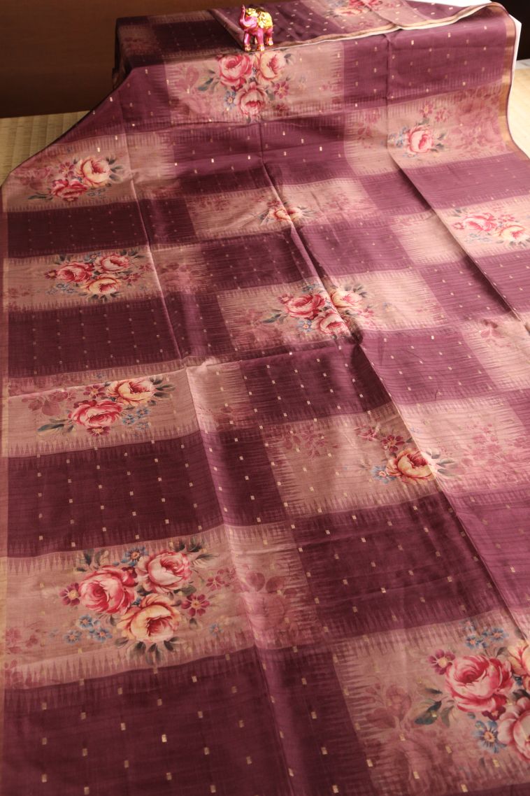 Cherry Red Semi Raw Silk Printed Gold Zari with Zari Puttas view 2