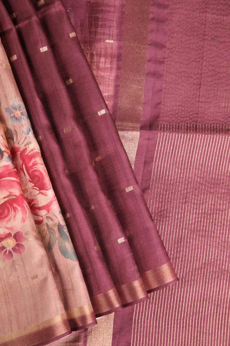 Cherry Red Semi Raw Silk Printed Gold Zari with Zari Puttas view 1