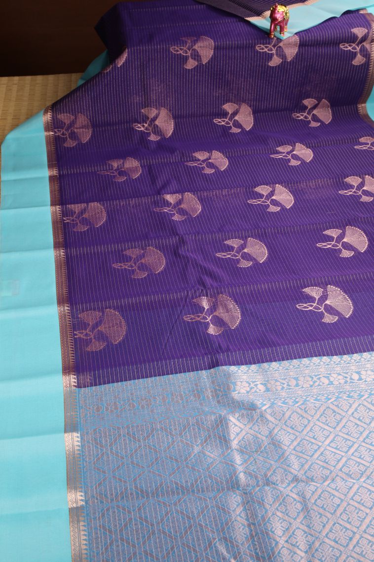 Admiral Blue Silk Cotton Sarees with Copper Zari Floral Patterns view 2
