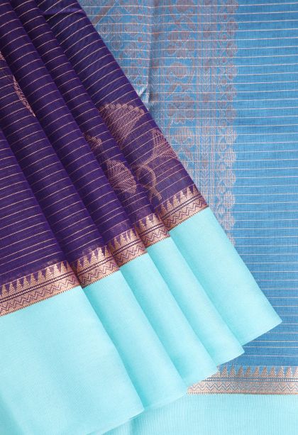 Admiral Blue Silk Cotton Sarees with Copper Zari Floral Patterns