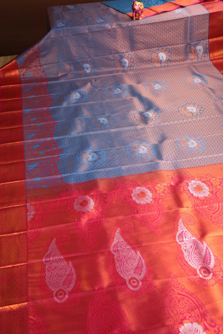 Cerulean Blue Visiri Madippu Silk Sarees with Copper Zari Floral Puttas view 2
