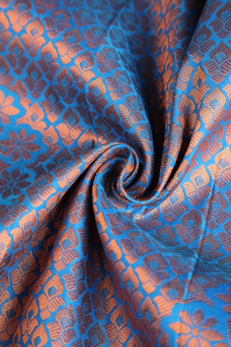 Cerulean Blue Visiri Madippu Silk Sarees with Copper Zari Floral Puttas view 4