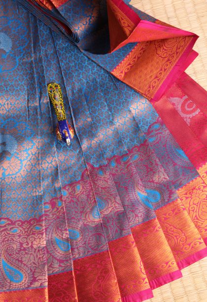Cerulean Blue Visiri Madippu Silk Sarees with Copper Zari Floral Puttas