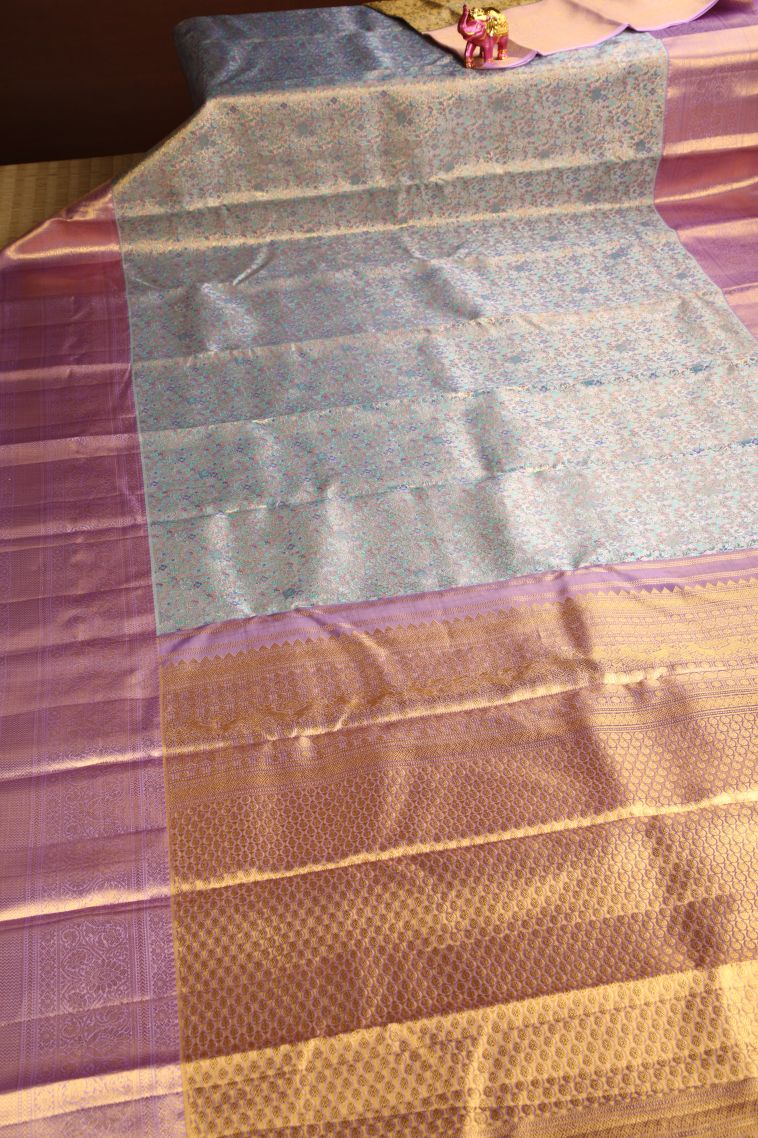 Heather Purple Kanchipuram Silk Sarees with Gold Zari Floral Patterns view 2