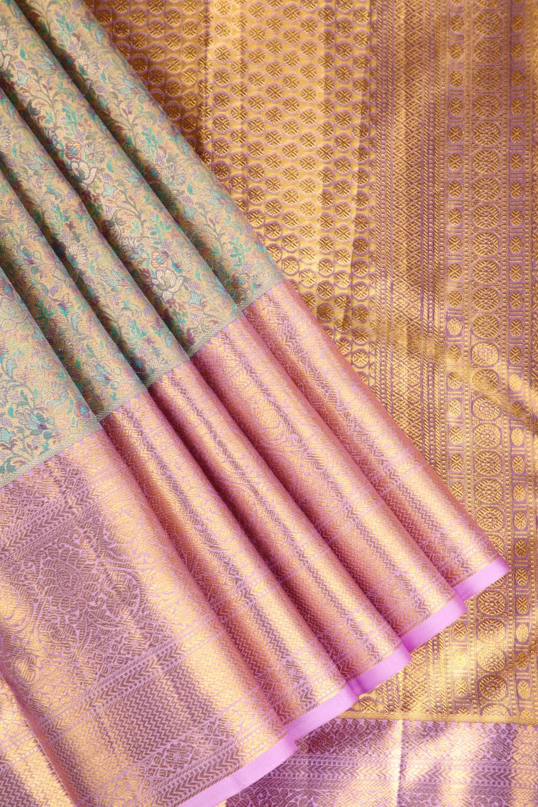 Heather Purple Kanchipuram Silk Sarees with Gold Zari Floral Patterns view 1