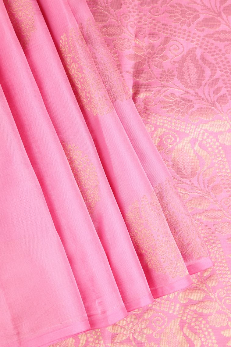 Ballet Pink Soft Silk Saree Gold Zari with Floral Puttas view 1