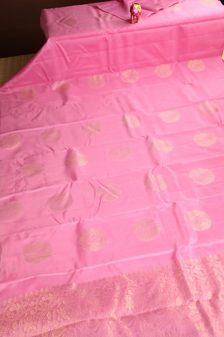 Ballet Pink Soft Silk Saree Gold Zari with Floral Puttas view 2