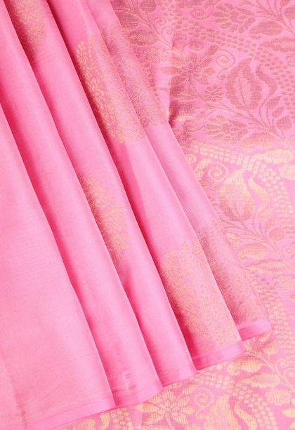 Ballet Pink Soft Silk Saree Gold Zari with Floral Puttas
