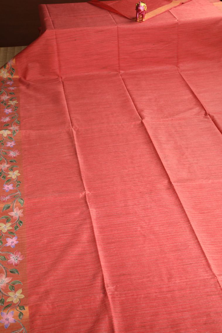 Blush Red Jute Sarees with Gold Zari Plain view 2