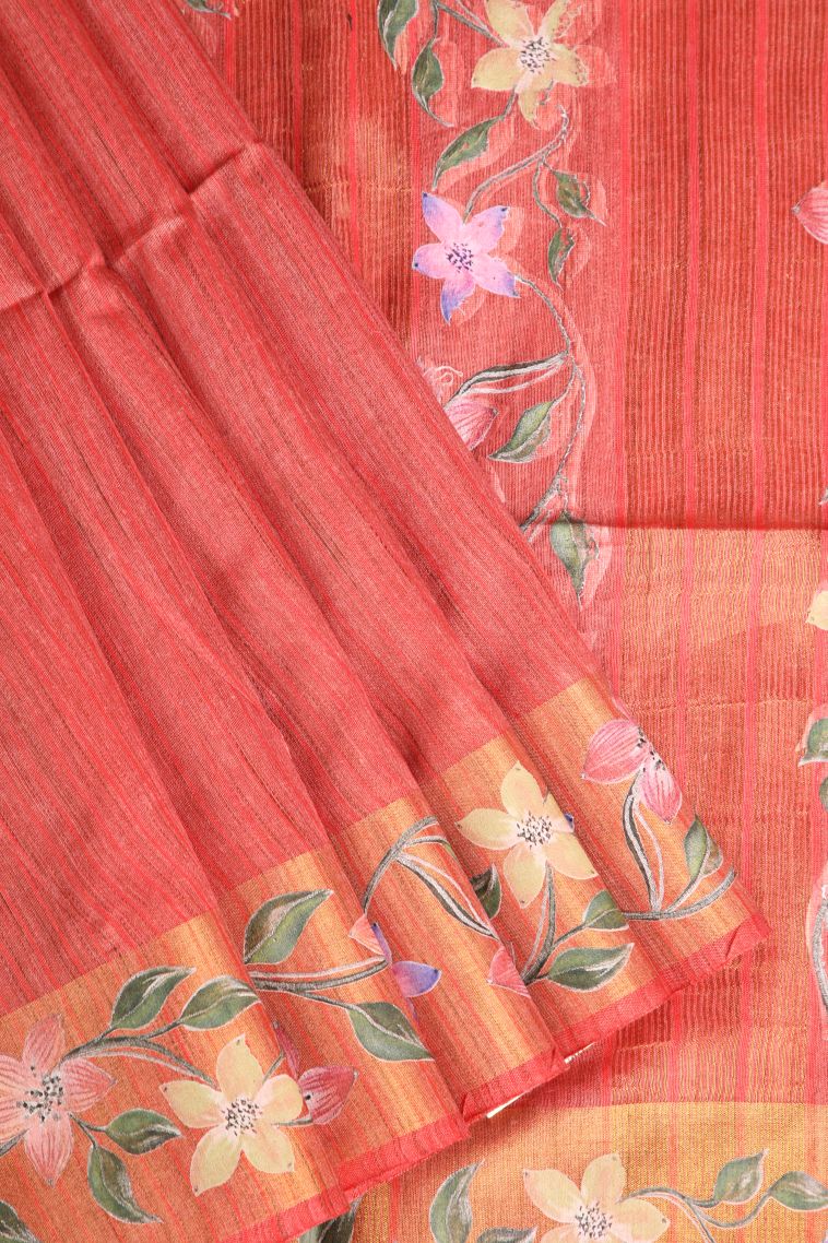 Blush Red Jute Sarees with Gold Zari Plain view 1