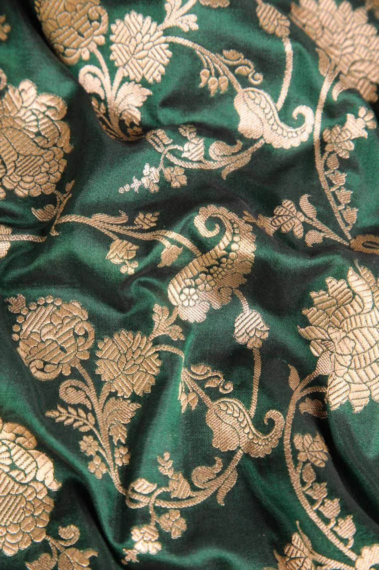 Basil Green Banaras Silk Saree Gold Zari with Floral Patterns view 4