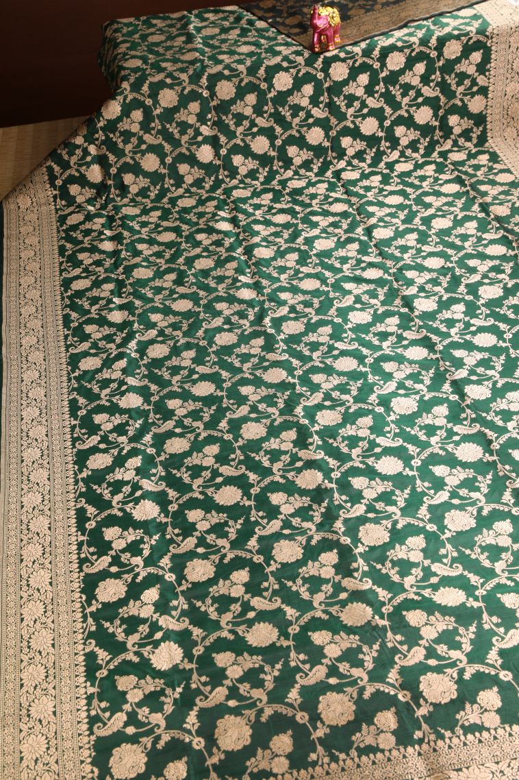 Basil Green Banaras Silk Saree Gold Zari with Floral Patterns view 2