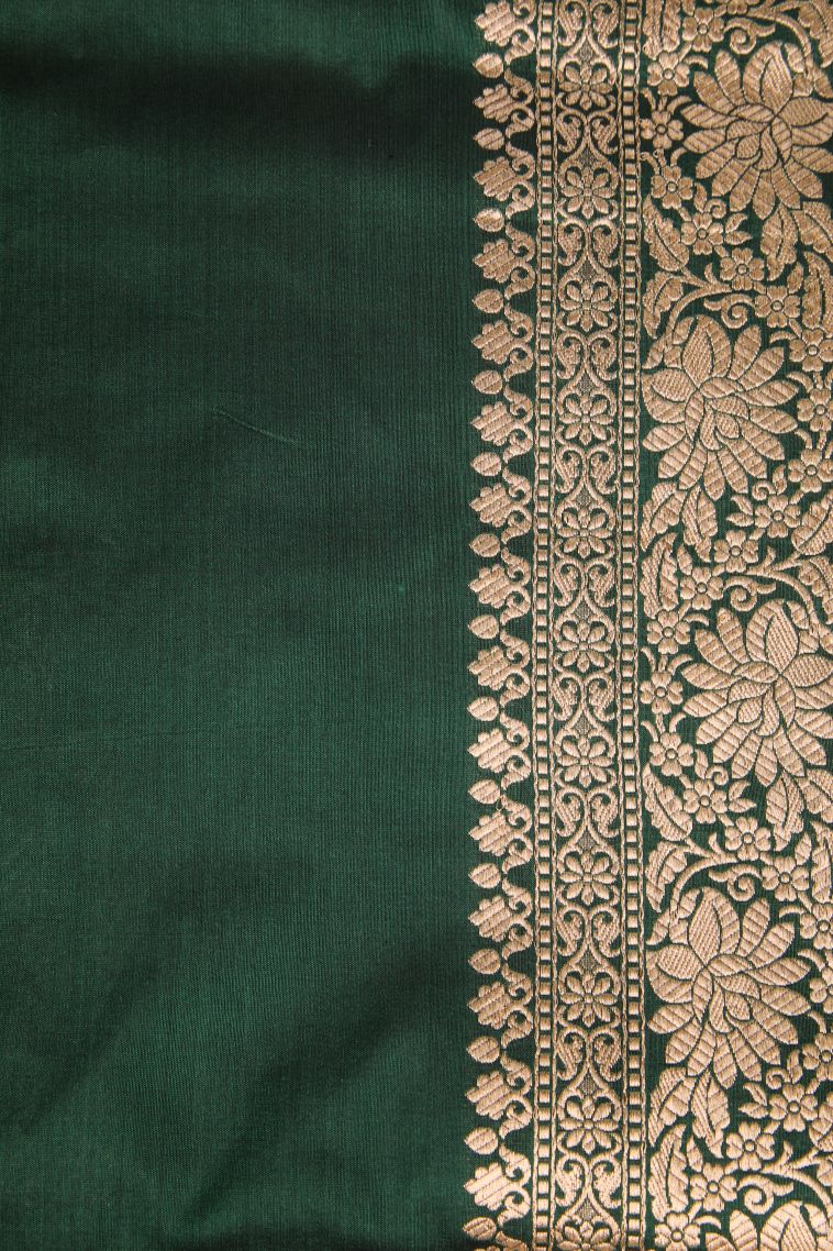 Basil Green Banaras Silk Saree Gold Zari with Floral Patterns view 3