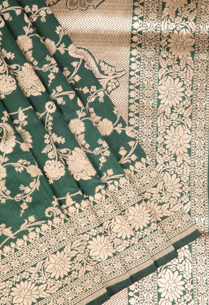 Basil Green Banaras Silk Saree Gold Zari with Floral Patterns