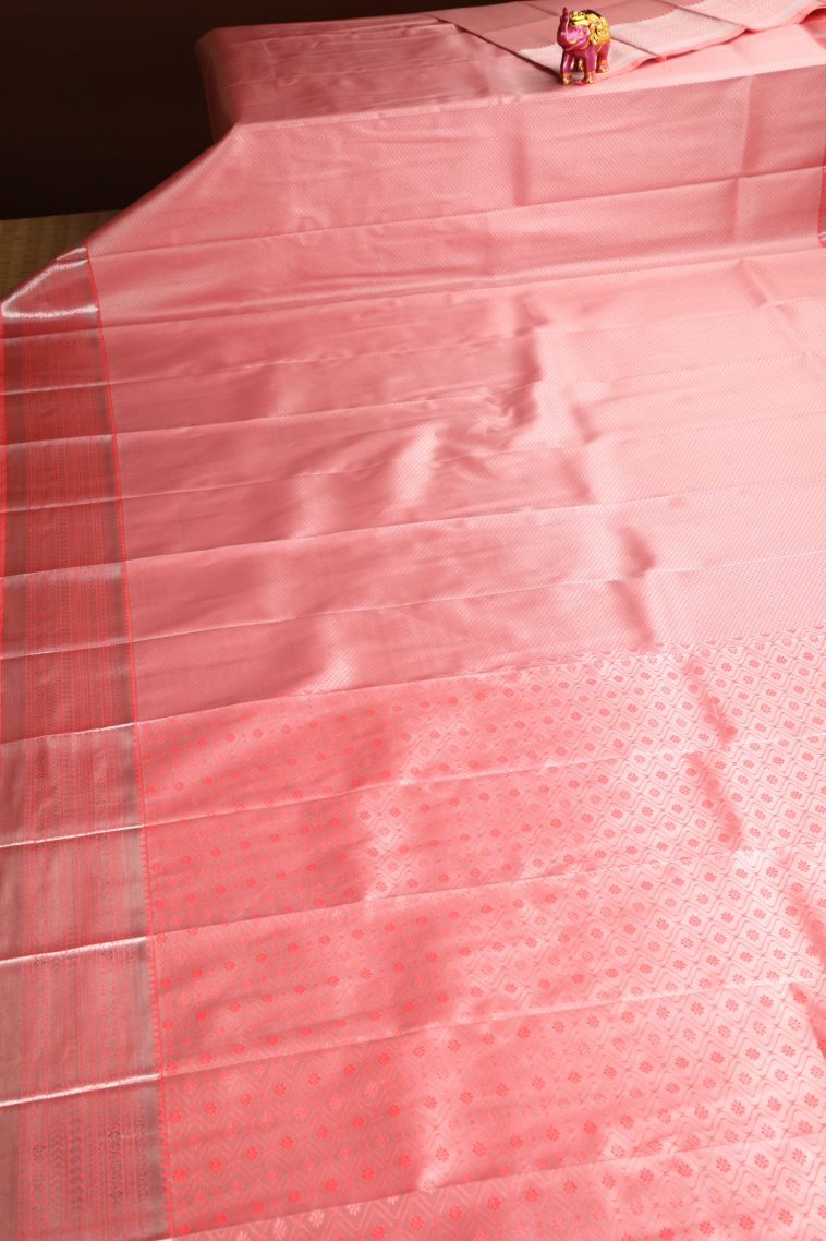 Peach Pink Visiri Madippu Silk Sarees with Silver Zari Buttis (small Dots Or Motifs) view 2