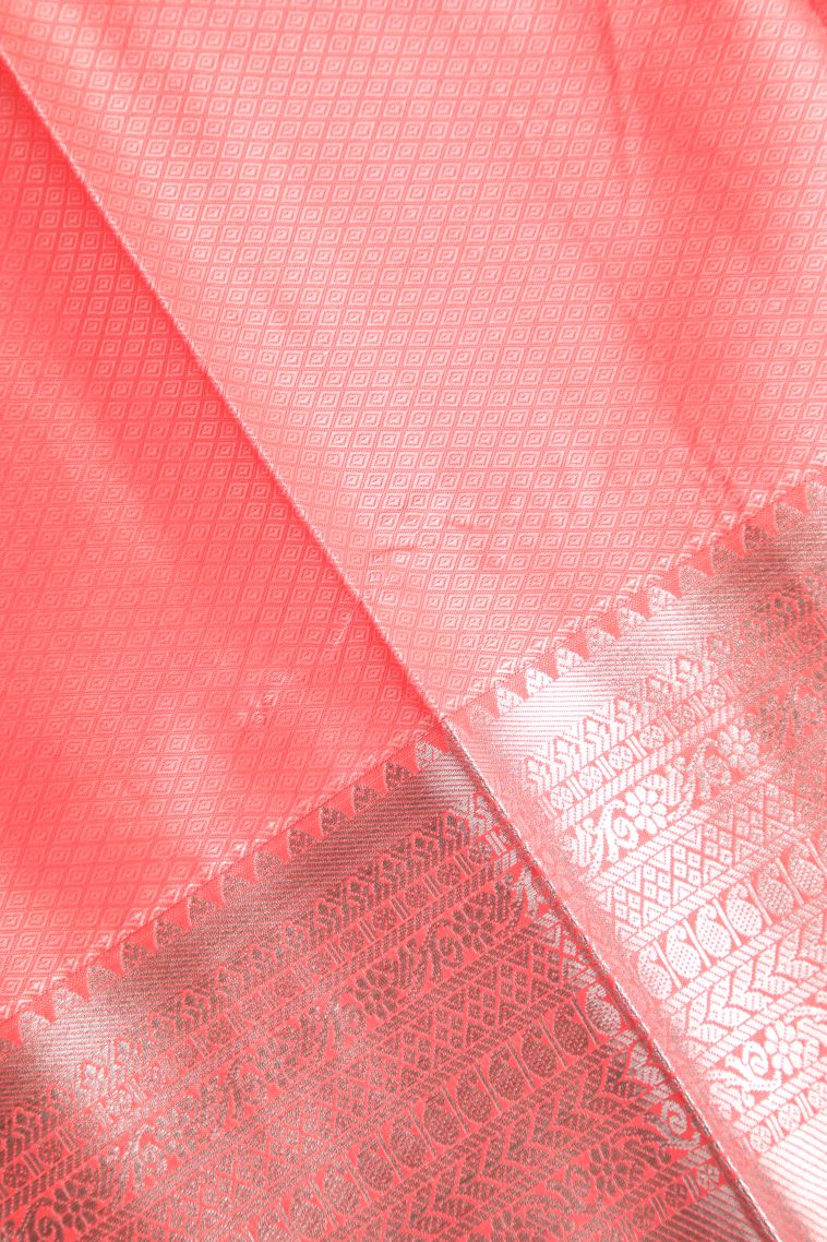 Peach Pink Visiri Madippu Silk Sarees with Silver Zari Buttis (small Dots Or Motifs) view 3