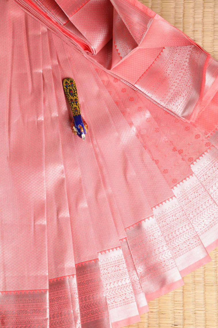 Peach Pink Visiri Madippu Silk Sarees with Silver Zari Buttis (small Dots Or Motifs) view 1