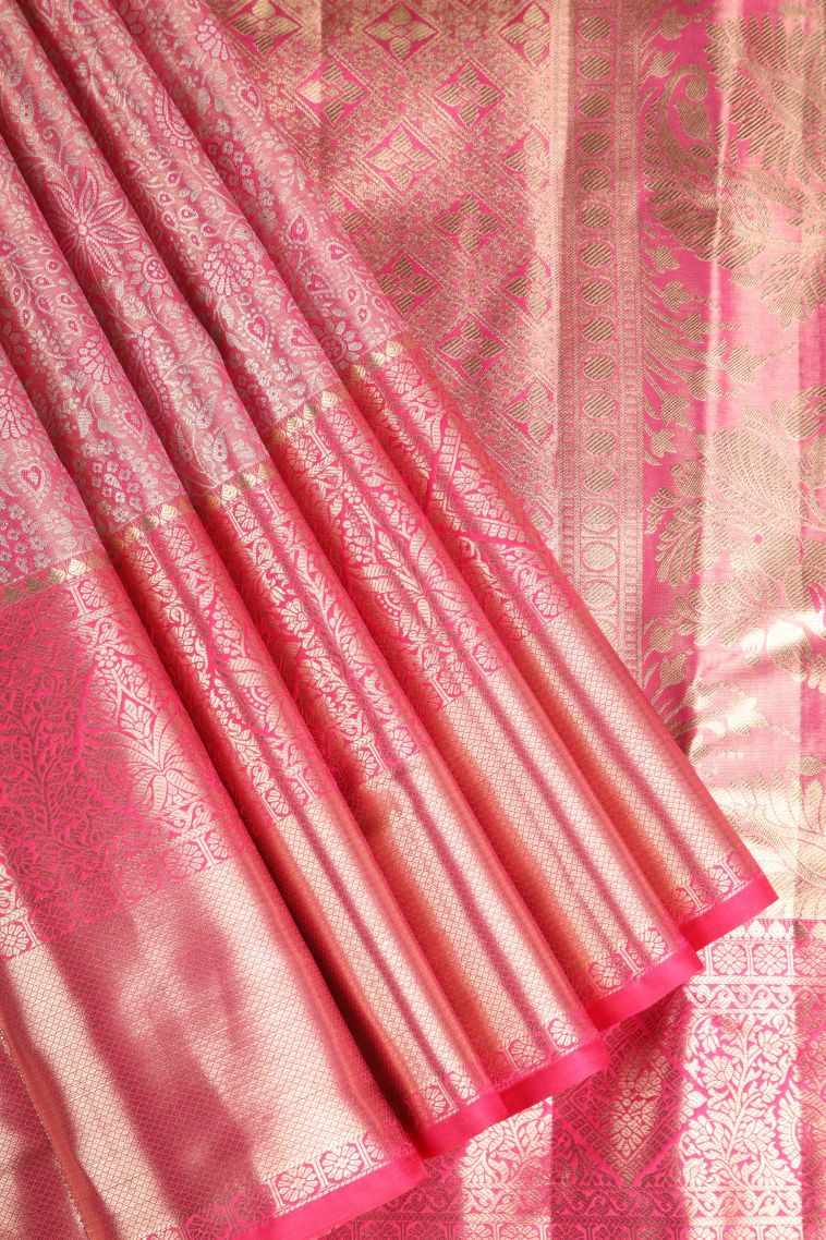 Punch Pink Apoorva Silk Sarees with Silver Zari Floral Patterns view 1