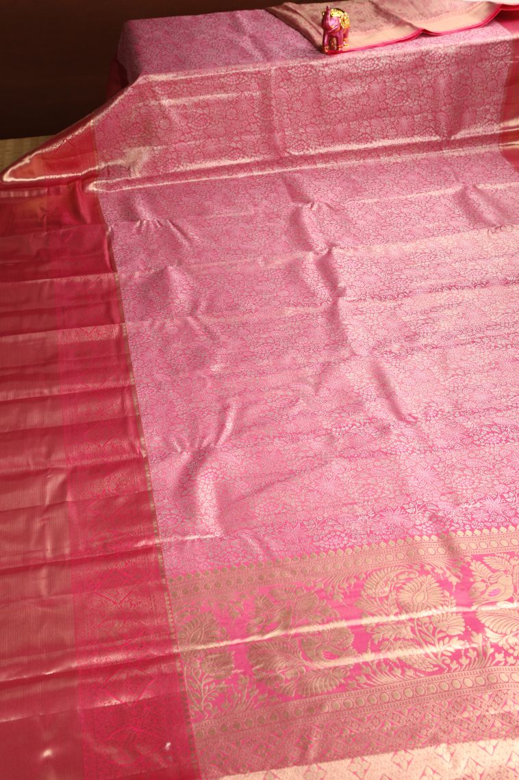 Punch Pink Apoorva Silk Sarees with Silver Zari Floral Patterns view 2