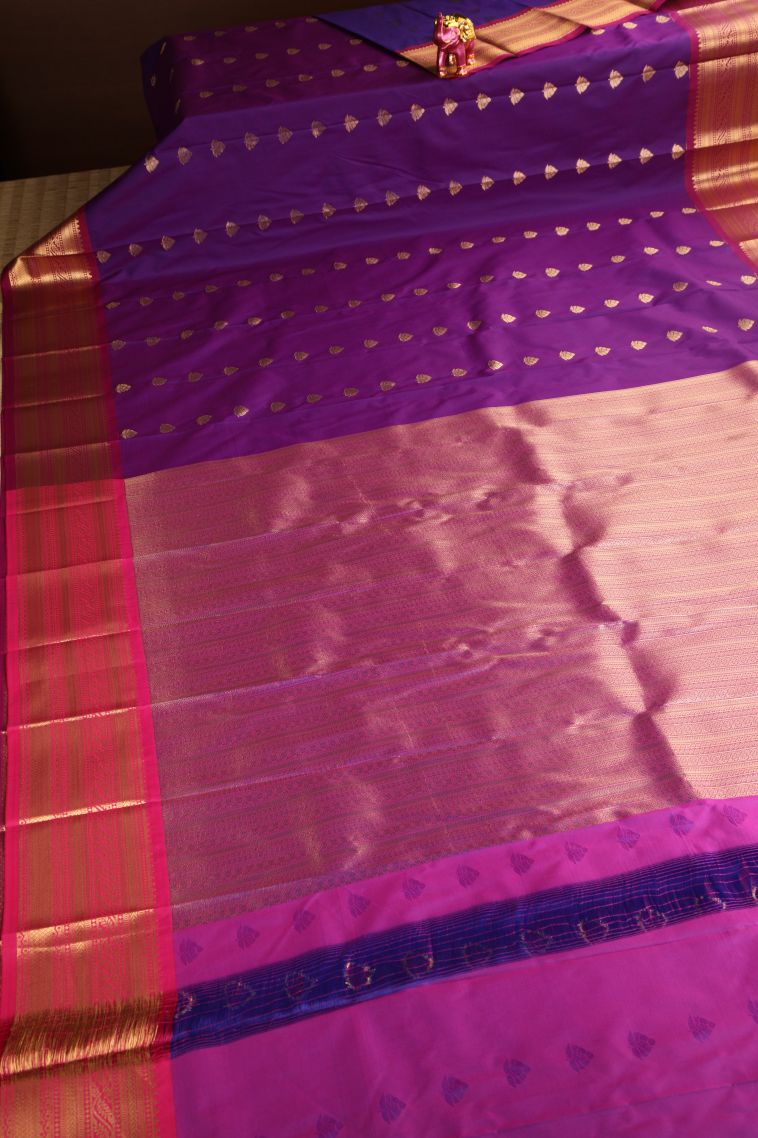 Viola Purple Visiri Madippu Silk Sarees Gold Zari with Floral Puttas view 2
