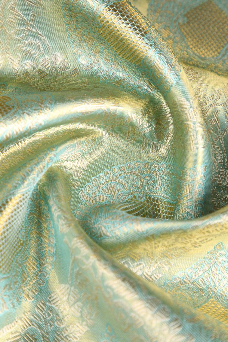Pistachio Green Kanchipuram Silk Sarees with Gold Zari Leaf Pattern view 4
