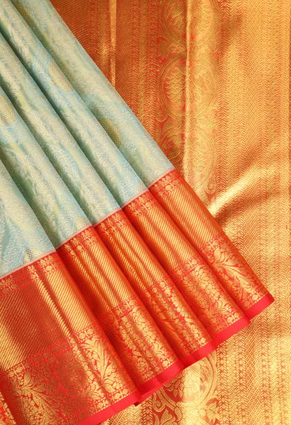 Pistachio Green Kanchipuram Silk Sarees with Gold Zari Leaf Pattern