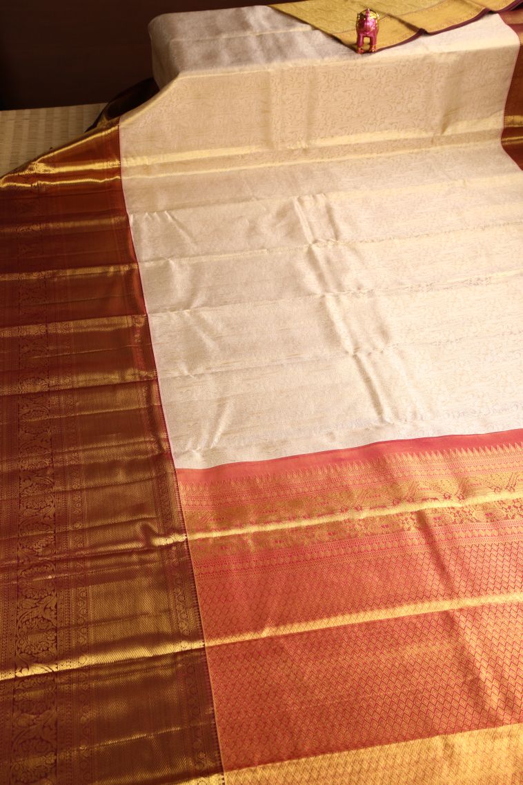 Vanilla Custard Yellow Kanchipuram Silk Sarees with Antic Zari Floral Patterns view 2