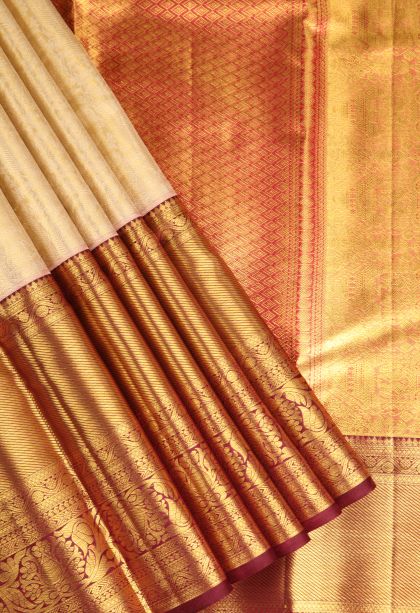Vanilla Custard Yellow Kanchipuram Silk Sarees with Antic Zari Floral Patterns