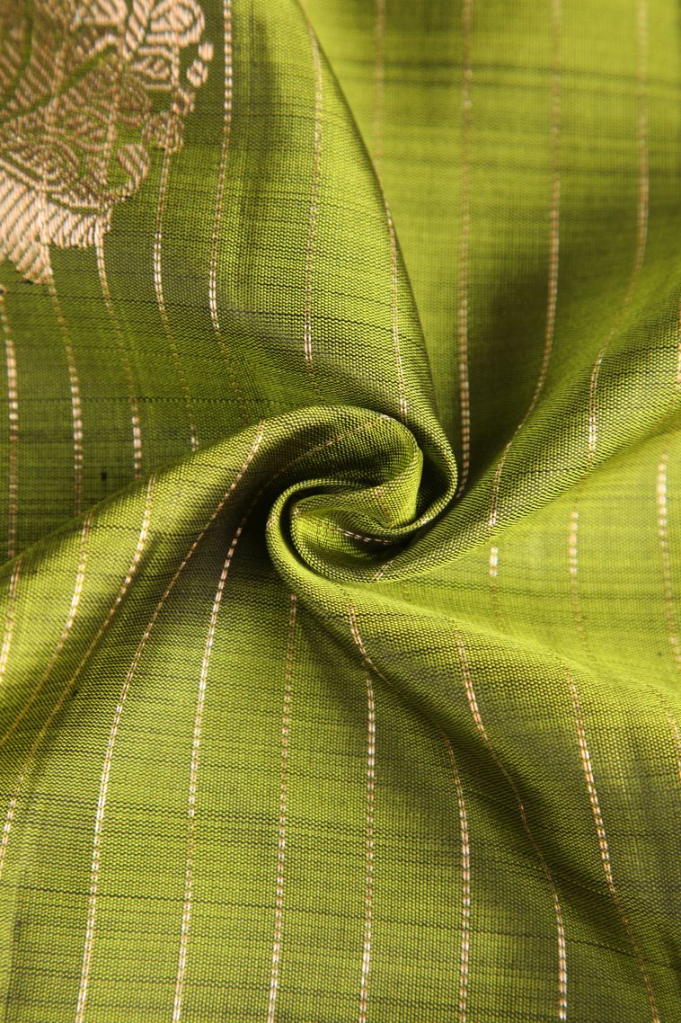 Olive Green Kanchipuram Silk Sarees with Gold Zari Peacock Motifs view 4