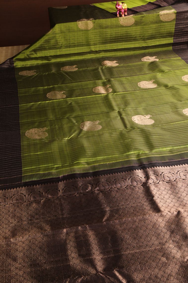 Olive Green Kanchipuram Silk Sarees with Gold Zari Peacock Motifs view 2