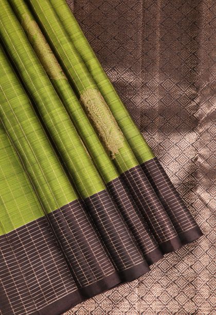 Olive Green Kanchipuram Silk Sarees with Gold Zari Peacock Motifs