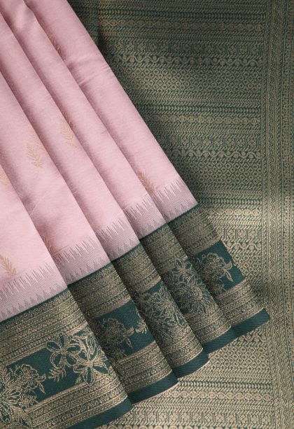 Crepe Pink Raw Silk Sarees with Gold Zari Leaf Pattern