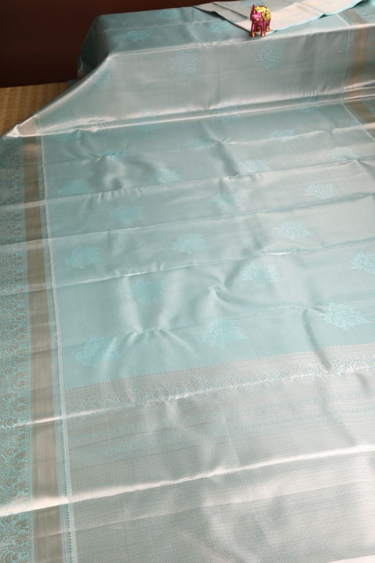 Arctic Blue Apoorva Silk Sarees with Gold And Silver Zari Leaf Pattern view 2