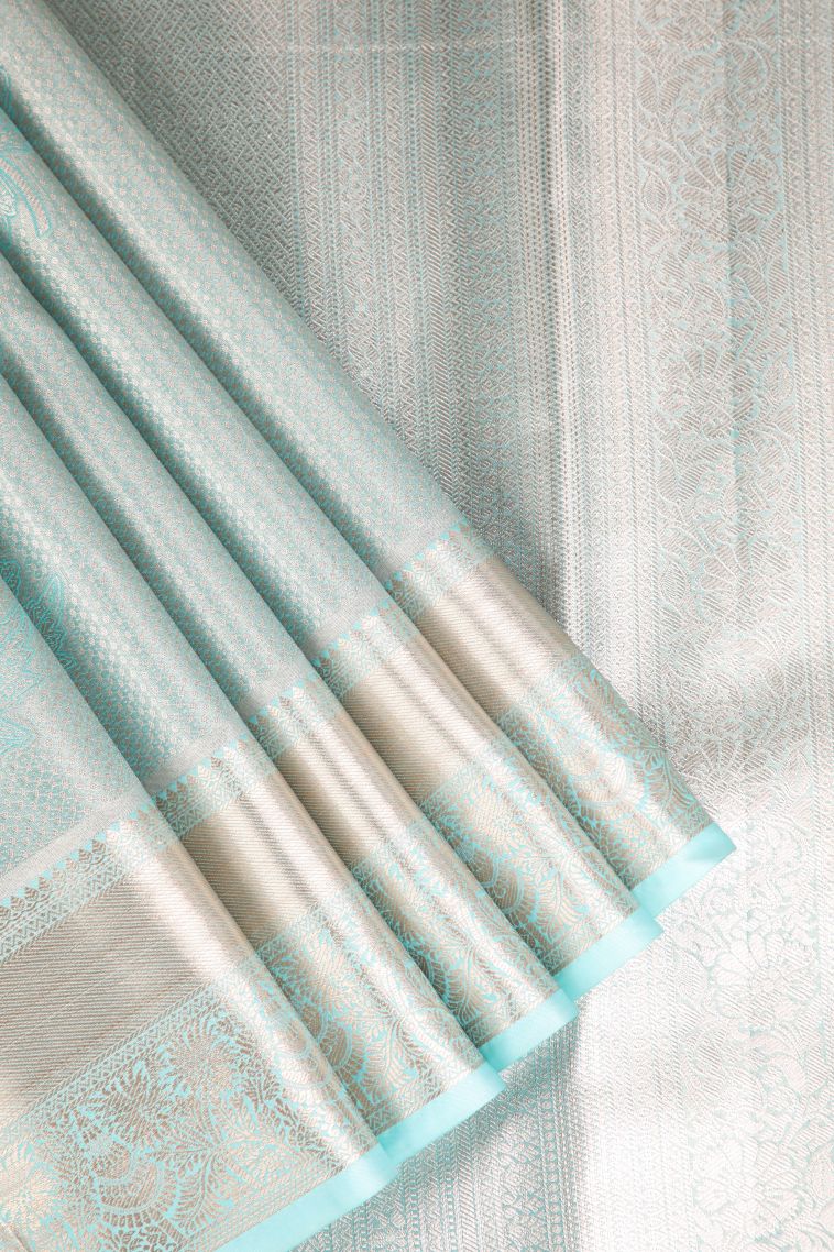 Arctic Blue Apoorva Silk Sarees with Gold And Silver Zari Leaf Pattern view 1