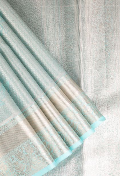 Arctic Blue Apoorva Silk Sarees with Gold And Silver Zari Leaf Pattern