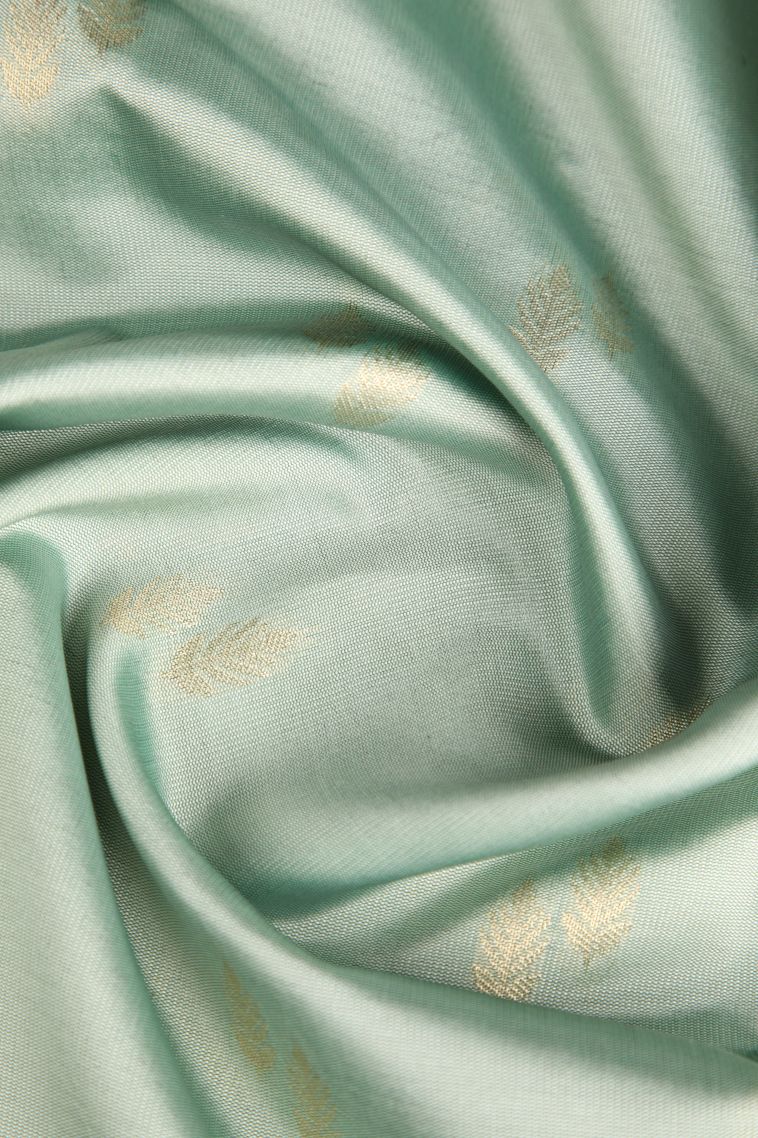 Pistachio Green Raw Silk Sarees with Gold Zari Leaf Pattern view 4