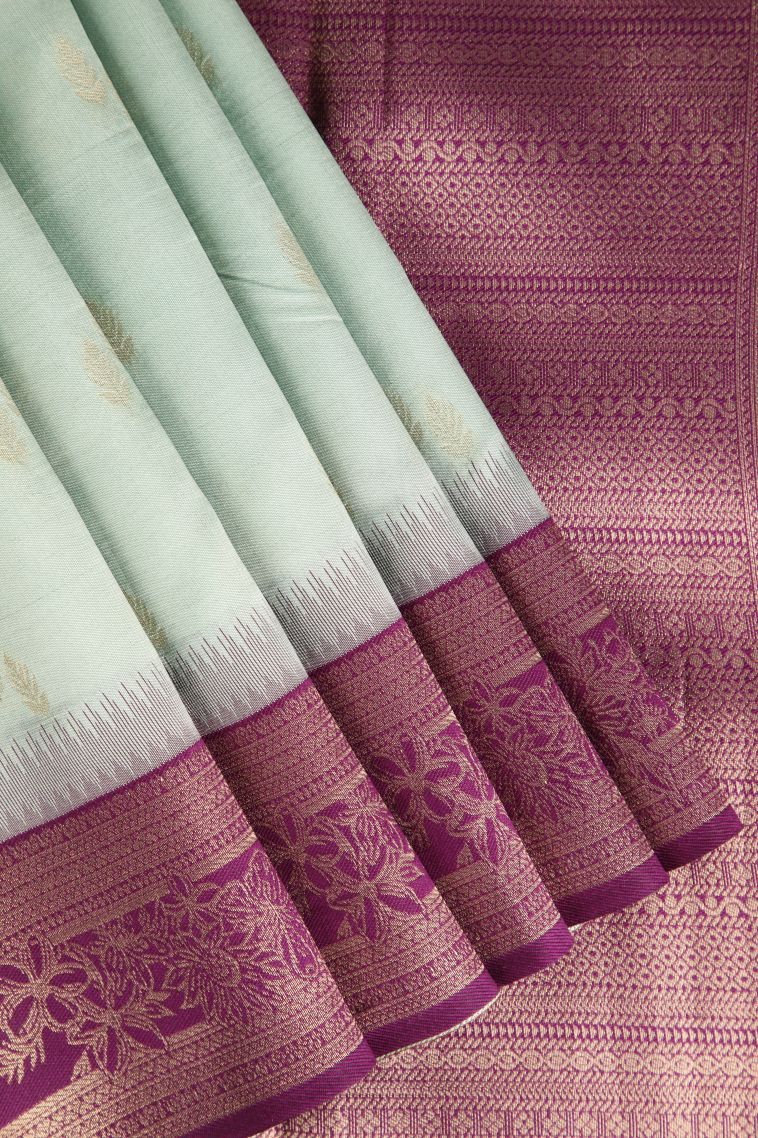Pistachio Green Raw Silk Sarees with Gold Zari Leaf Pattern