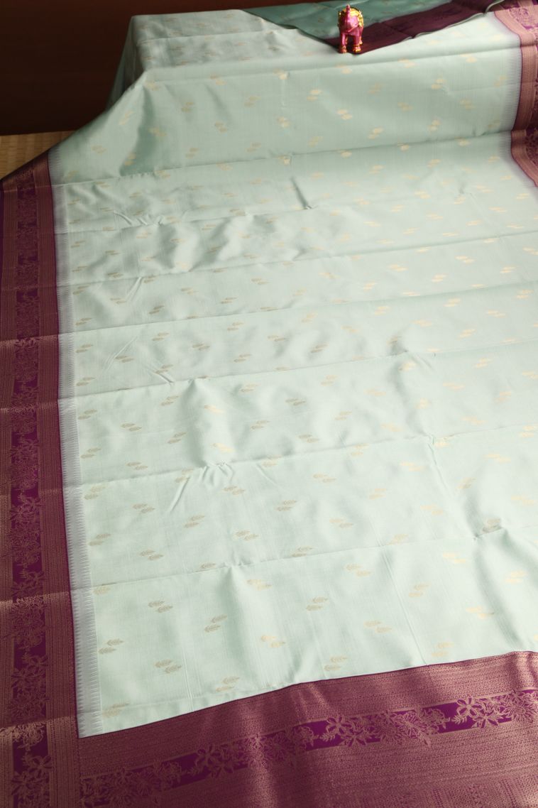 Pistachio Green Raw Silk Sarees with Gold Zari Leaf Pattern view 2
