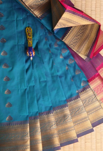 Cerulean Blue Visiri Madippu Silk Sarees Gold Zari with Floral Patterns