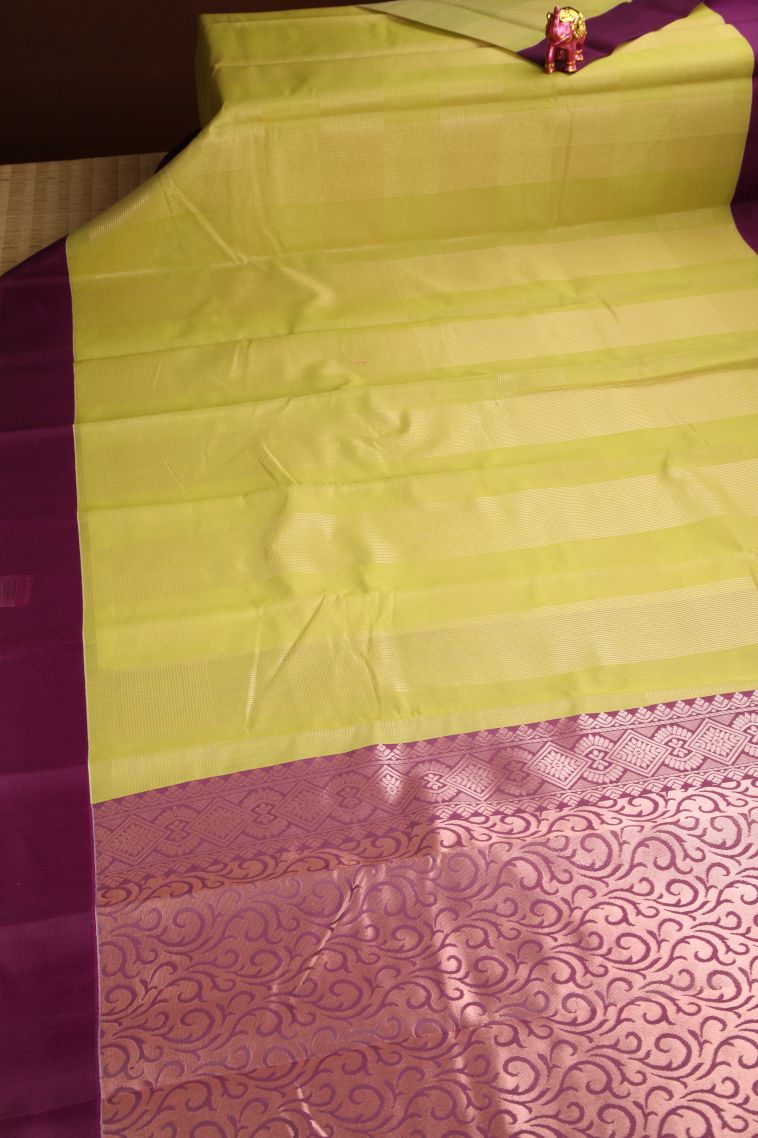 Lime Yellow Silk Cotton Sarees with Copper Zari Buttis (small Dots Or Motifs) view 2