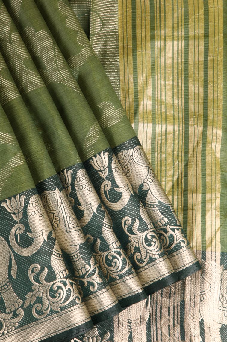 Paris Green Organza Saree with Silver Zari Floral Patterns view 4