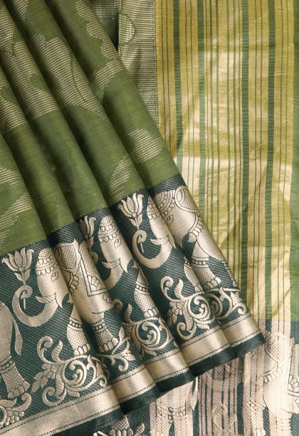 Paris Green Organza Saree with Silver Zari Floral Patterns