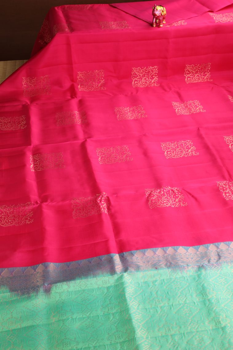 Hot Pink Soft Silk Saree with Copper Zari Kolam Pattern view 2