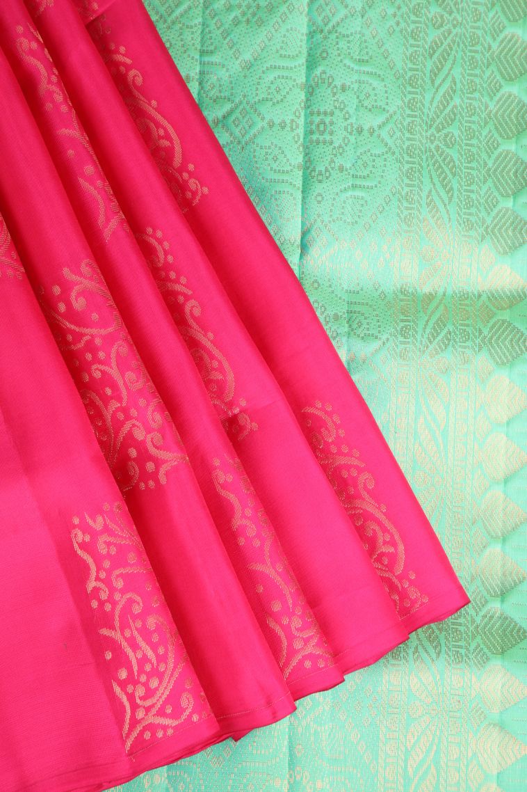 Hot Pink Soft Silk Saree with Copper Zari Kolam Pattern view 1
