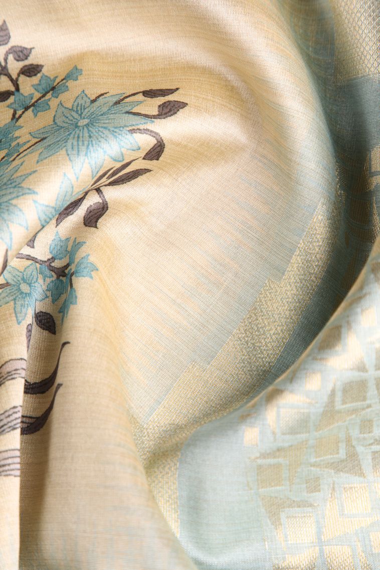 Stone Blue Semi Tussar Silk with Gold Zari Floral Patterns view 4