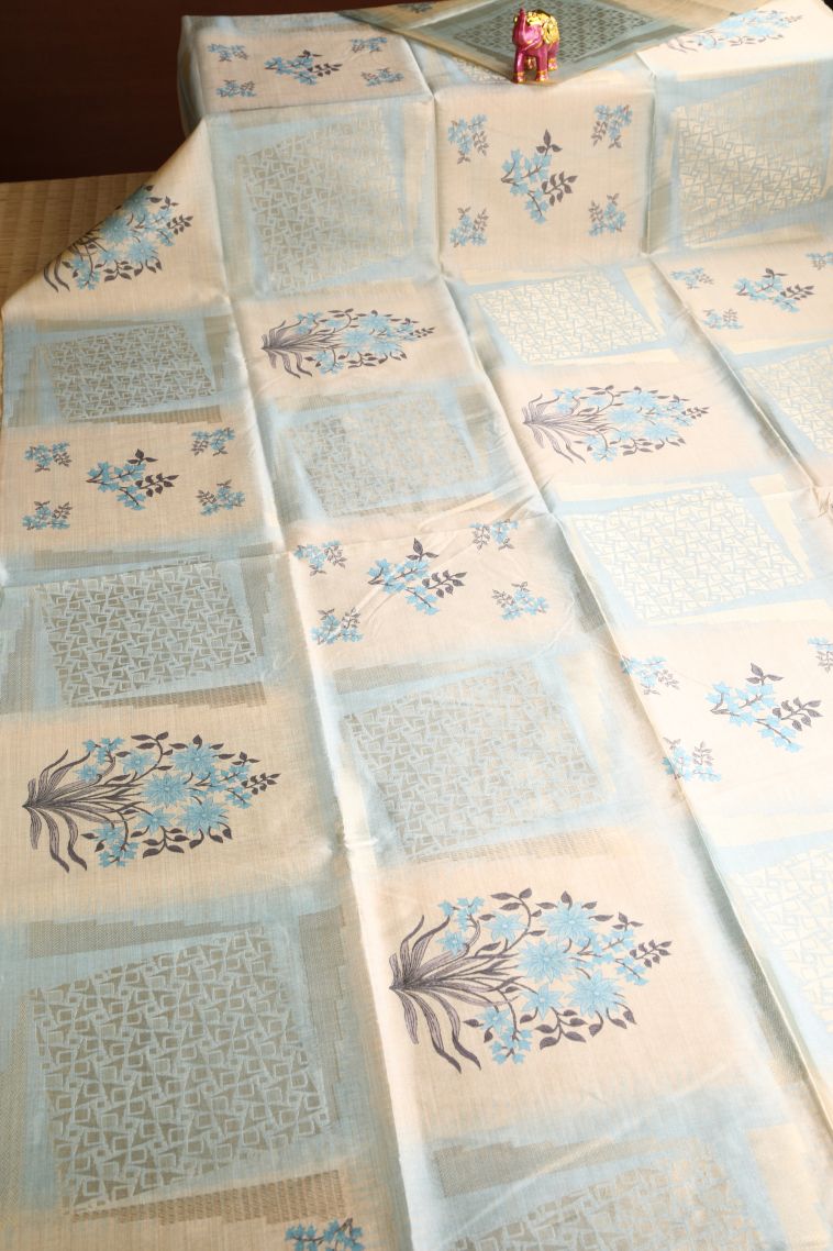 Stone Blue Semi Tussar Silk with Gold Zari Floral Patterns view 2