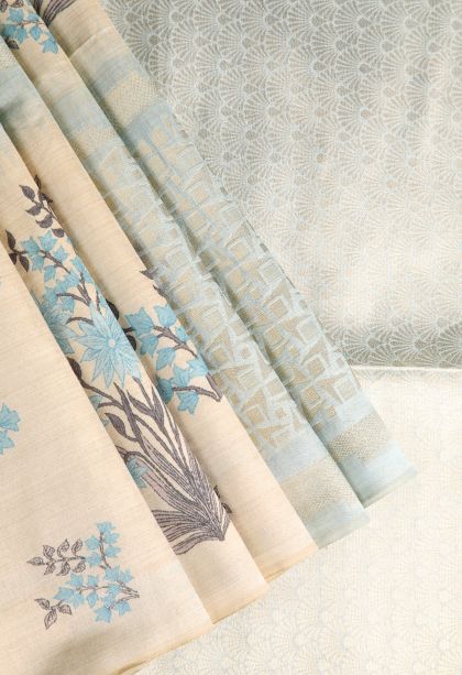 Stone Blue Semi Tussar Silk with Gold Zari Floral Patterns