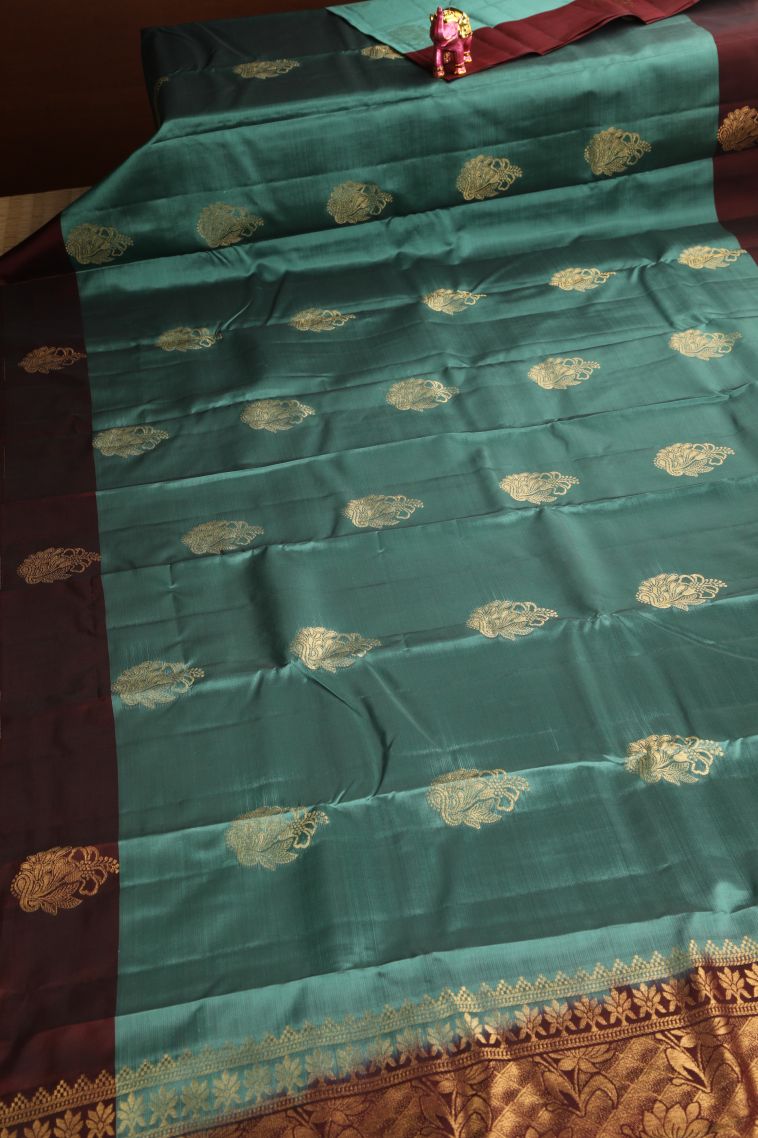 Pistachio Green Soft Silk Saree Copper Zari with Floral Patterns view 2